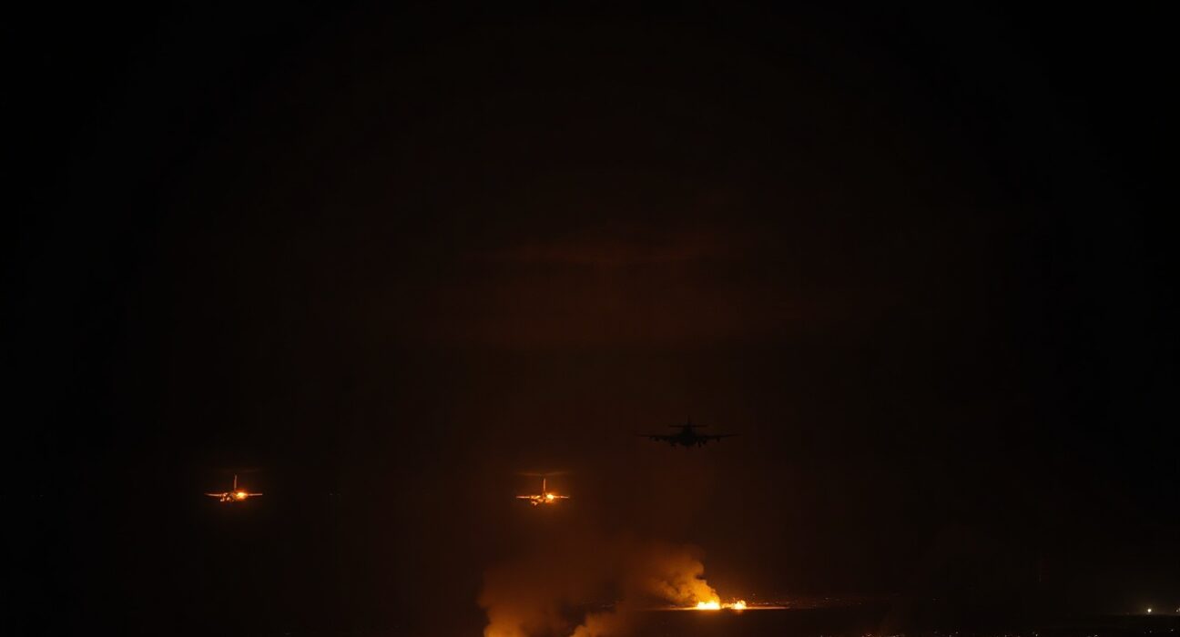 Night scene over Middle East with military aircraft and burning infrastructure on horizon
