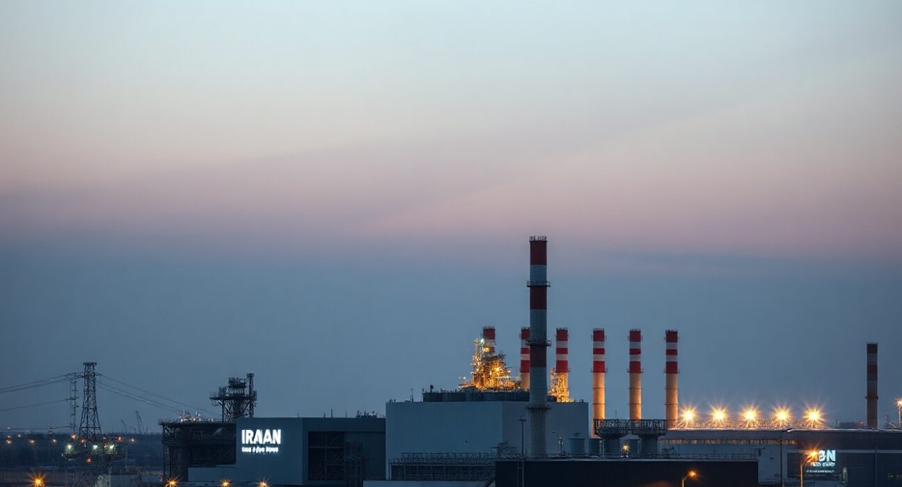 Aerial view of an Iranian power plant at dusk, representing potential military targets.