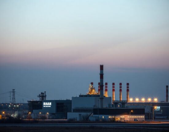 Aerial view of an Iranian power plant at dusk, representing potential military targets.