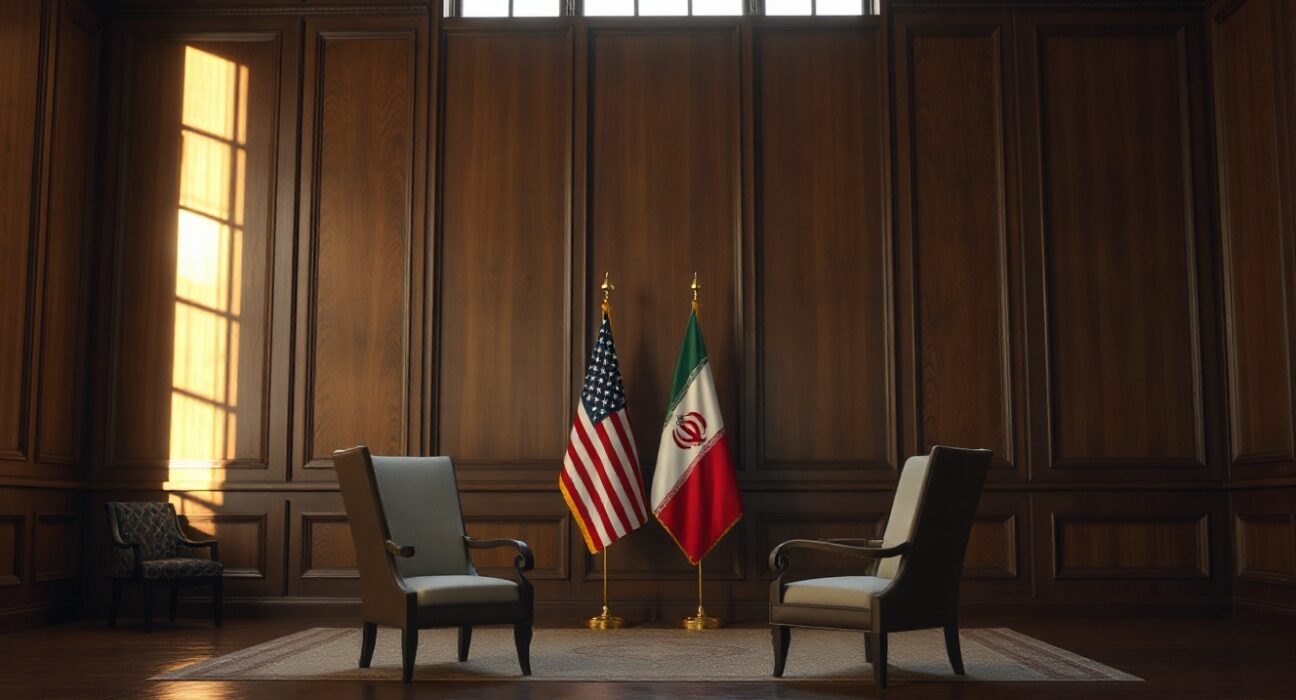 Diplomatic negotiation room with American and Iranian flags and two chairs facing each other