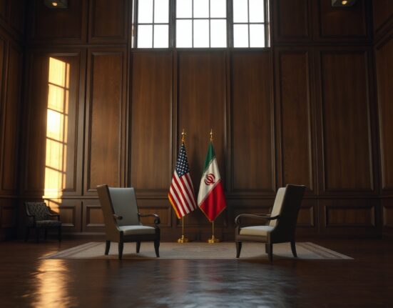 Diplomatic negotiation room with American and Iranian flags and two chairs facing each other