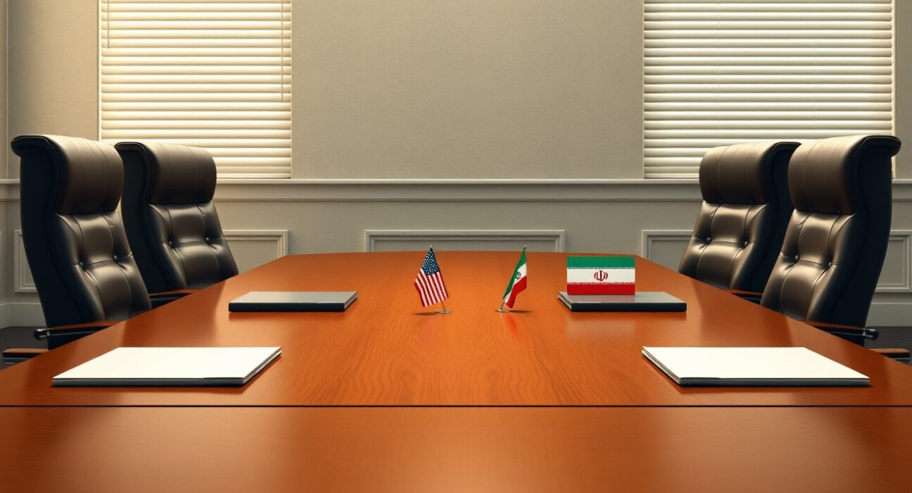 Symbolic image of stalled US-Iran diplomatic talks with empty chairs at a negotiation table.