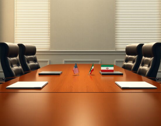 Symbolic image of stalled US-Iran diplomatic talks with empty chairs at a negotiation table.