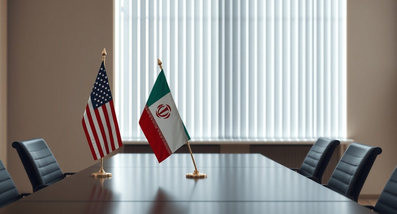 Symbolic representation of US-Iran diplomatic talks with American and Iranian flags.