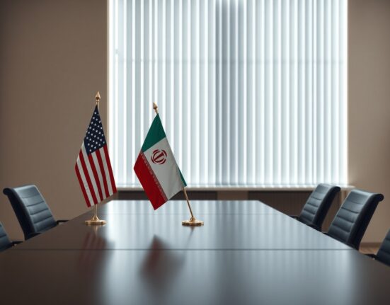 Symbolic representation of US-Iran diplomatic talks with American and Iranian flags.