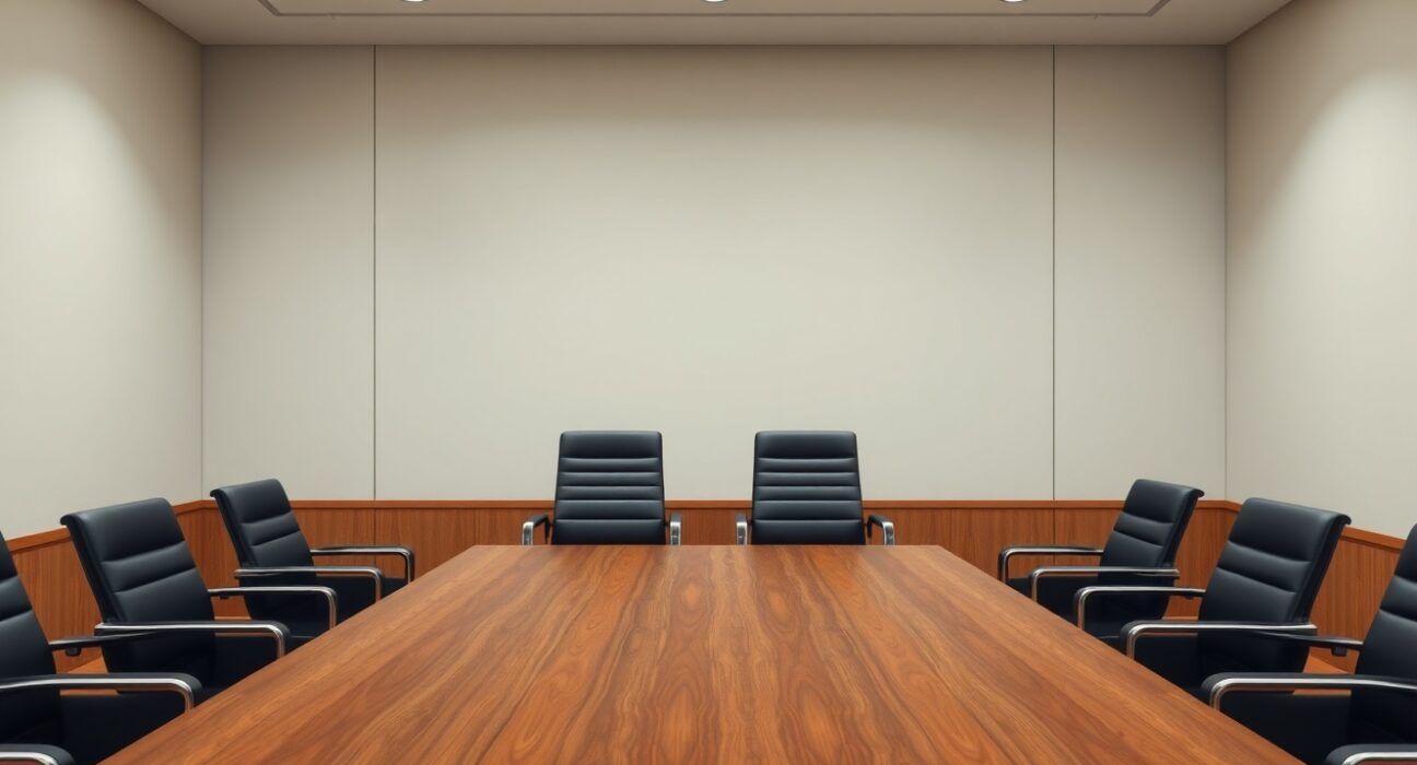Empty diplomatic meeting room with two chairs facing each other, symbolizing potential US-Iran negotiations.