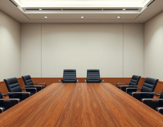 Empty diplomatic meeting room with two chairs facing each other, symbolizing potential US-Iran negotiations.