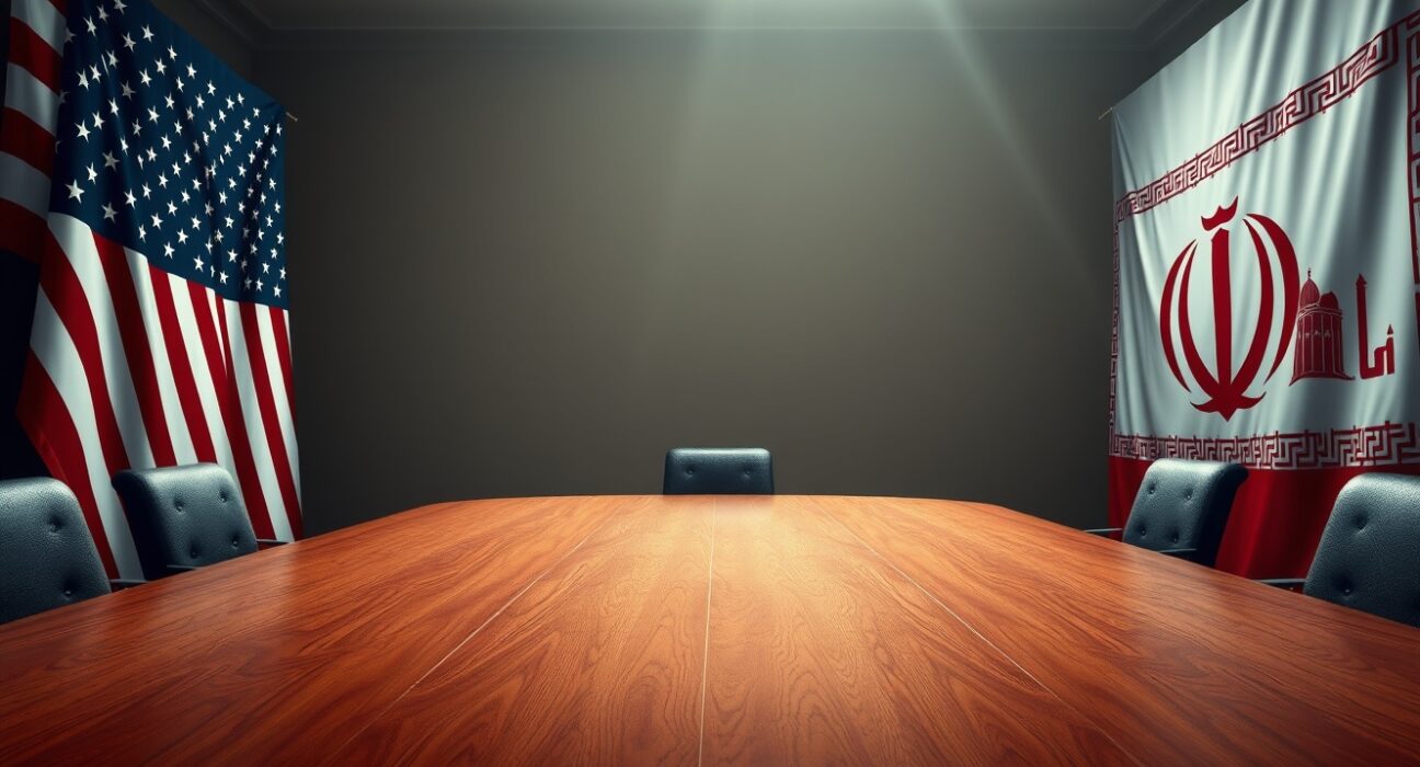 Symbolic representation of US-Iran diplomatic negotiations with tension between flags