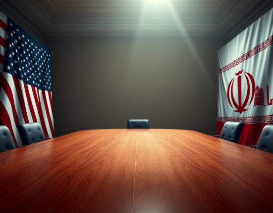 Symbolic representation of US-Iran diplomatic negotiations with tension between flags