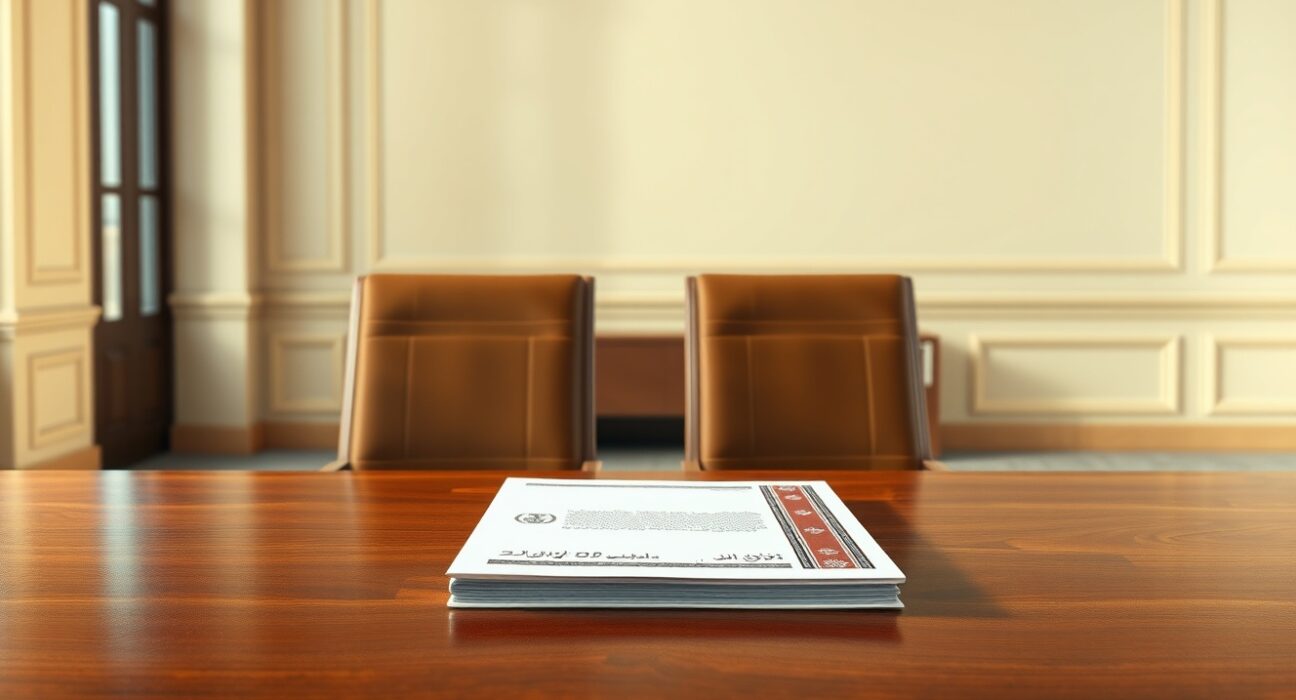 Symbolic representation of US-Iran diplomatic negotiations with documents on a meeting table