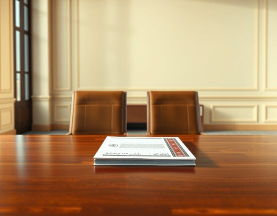 Symbolic representation of US-Iran diplomatic negotiations with documents on a meeting table