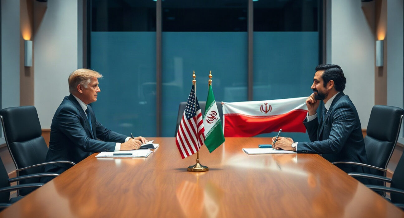US and Iranian flags on a table in a diplomatic meeting room, symbolizing upcoming talks.