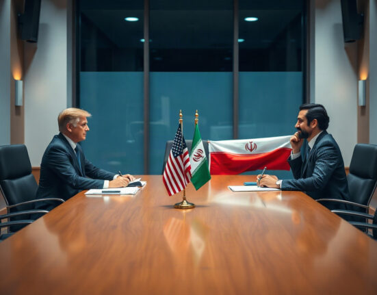 US and Iranian flags on a table in a diplomatic meeting room, symbolizing upcoming talks.