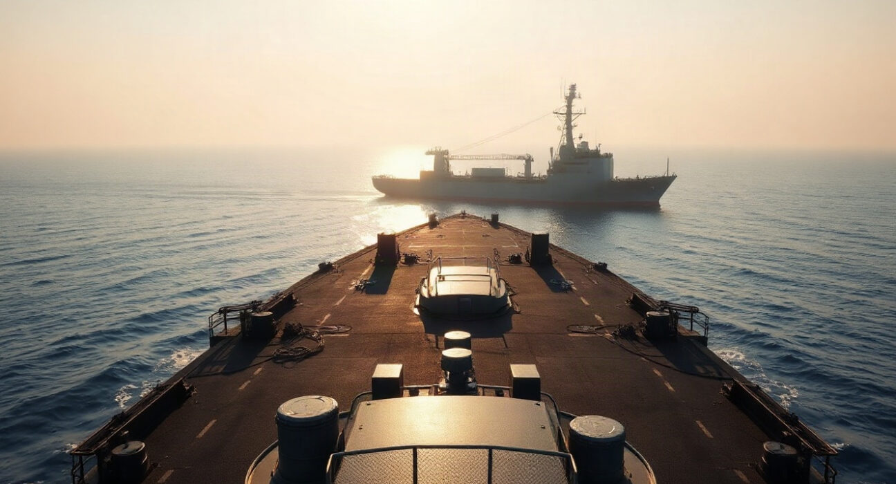 US Navy warship patrolling the Strait of Hormuz amid heightened tensions with Iran.