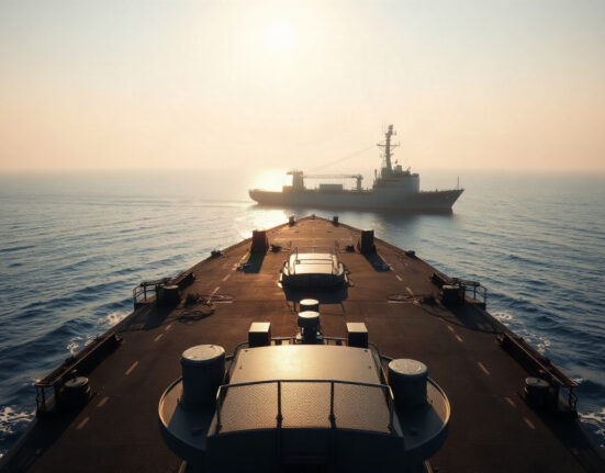 US Navy warship patrolling the Strait of Hormuz amid heightened tensions with Iran.