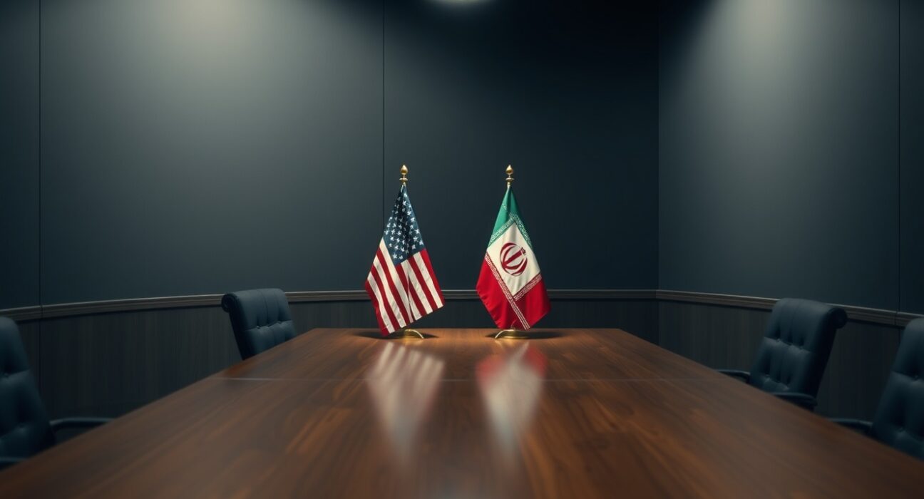 Diplomatic meeting room with American and Iranian flags representing ongoing negotiations