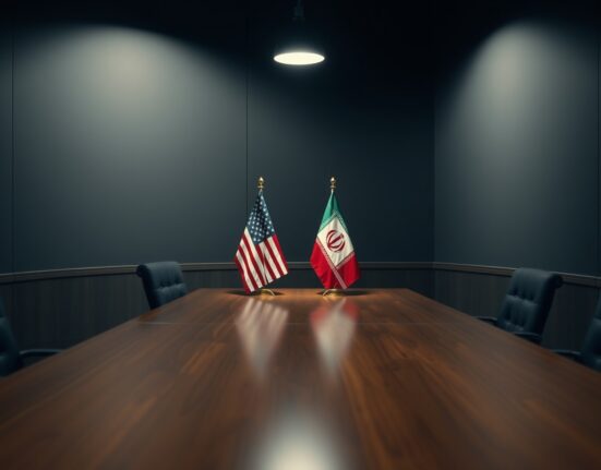 Diplomatic meeting room with American and Iranian flags representing ongoing negotiations