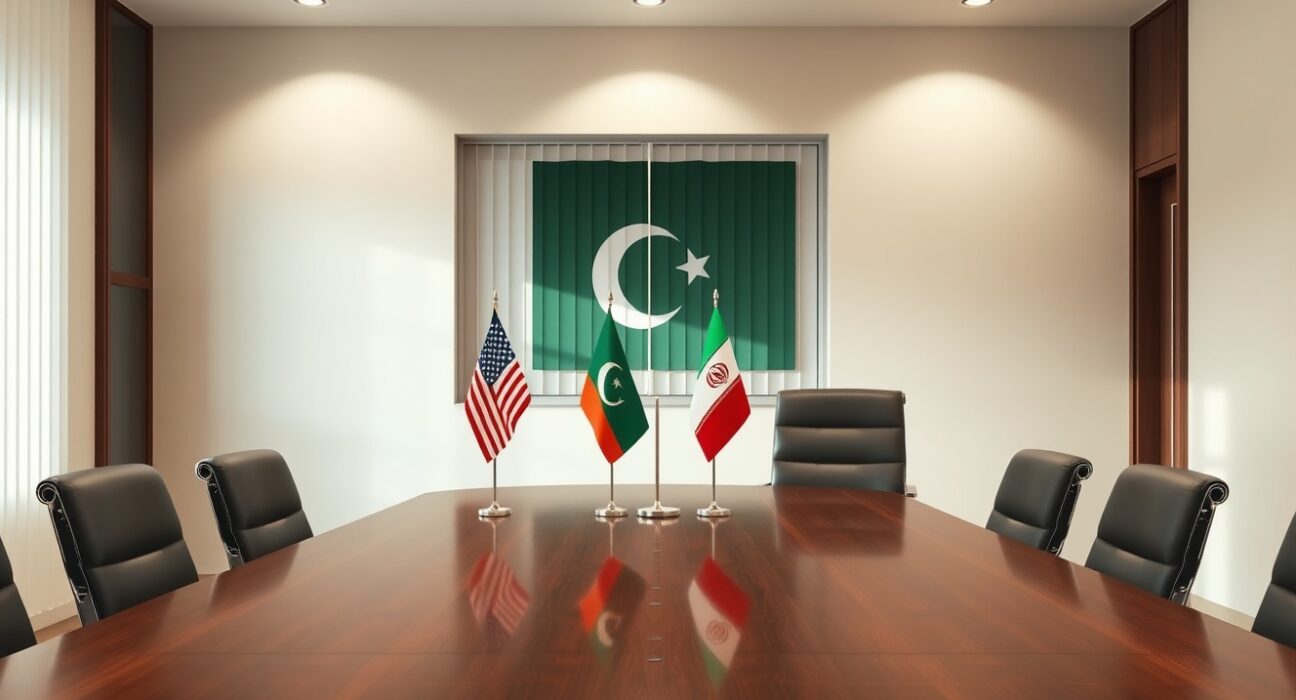 Diplomatic meeting table setup for potential Trump Iran talks in Pakistan conference venue