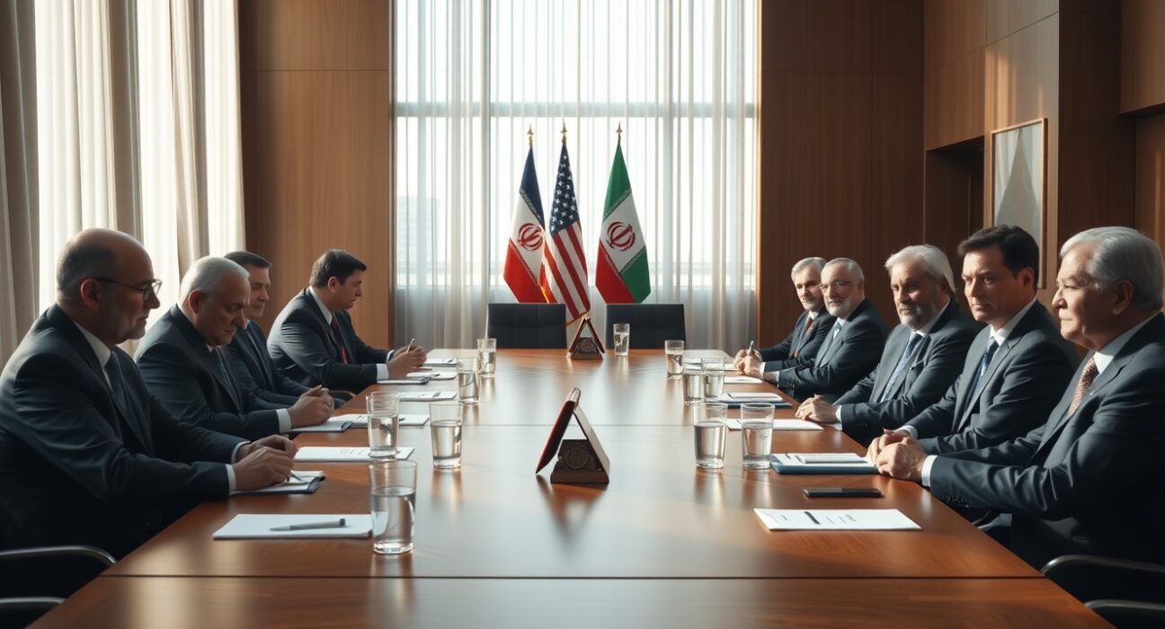 Diplomatic meeting between US and Iranian officials at a conference table with flags