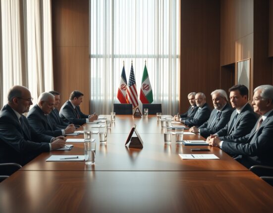 Diplomatic meeting between US and Iranian officials at a conference table with flags