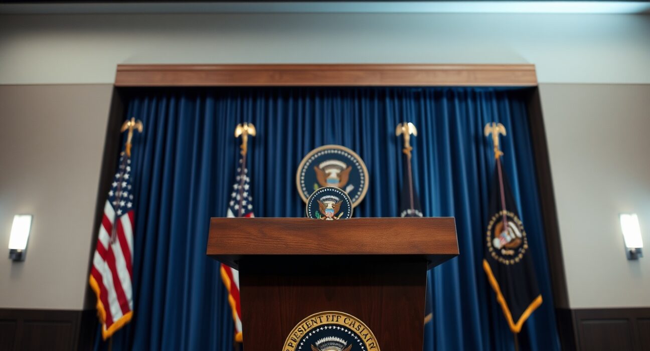 Empty presidential podium at a White House press briefing, representing the US stance on Iran talks.