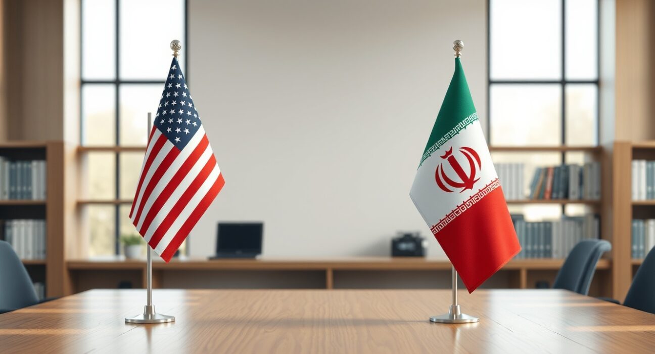 Symbolic representation of US-Iran diplomatic talks on tariff and sanctions relief.