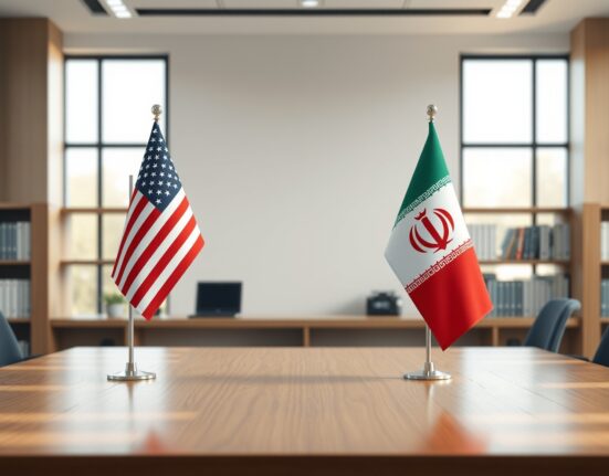 Symbolic representation of US-Iran diplomatic talks on tariff and sanctions relief.