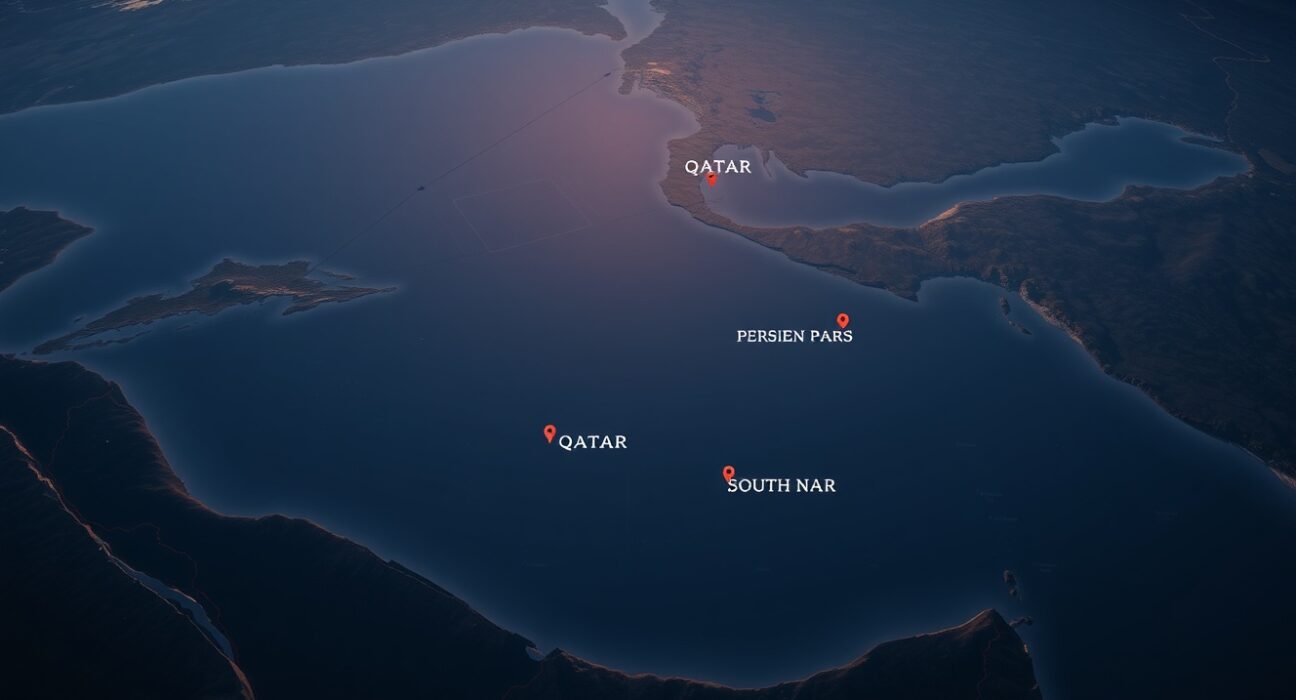 Strategic map of Persian Gulf showing Qatar and Iran gas field tensions following Donald Trump's warning.