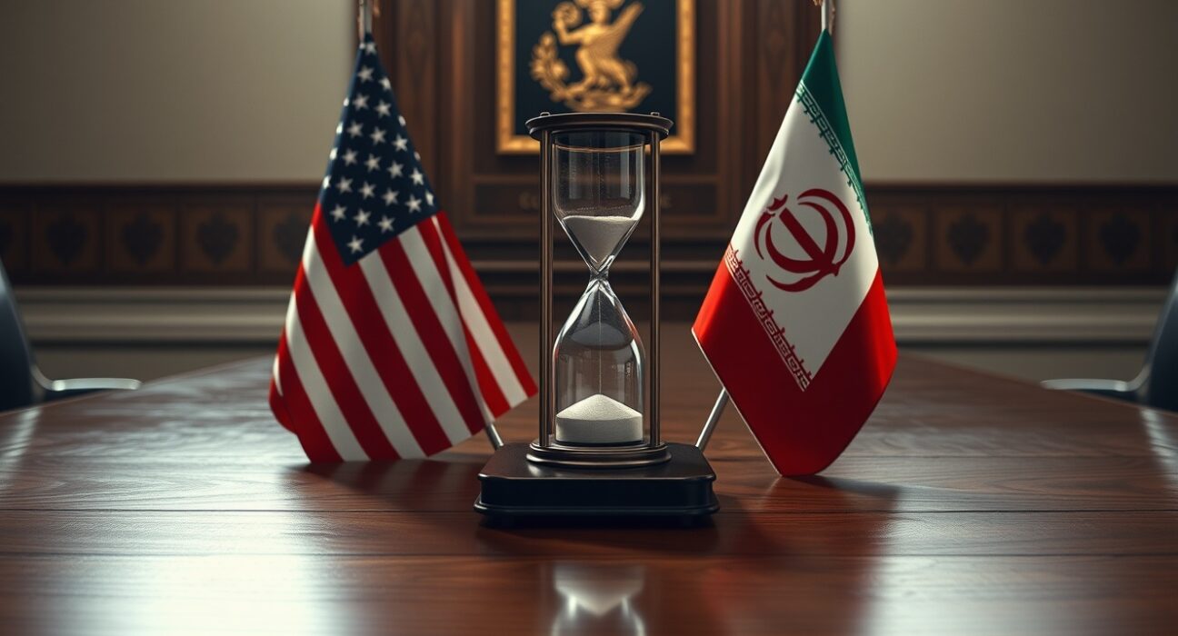 Symbolic representation of urgent US-Iran truce talks with flags and an hourglass on a table.
