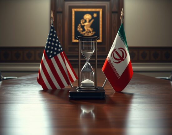Symbolic representation of urgent US-Iran truce talks with flags and an hourglass on a table.