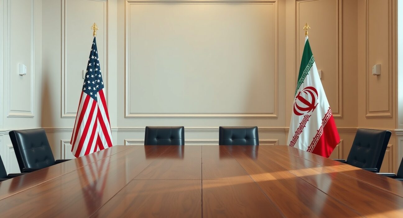 Symbolic representation of stalled US-Iran negotiations with empty chair at diplomatic table