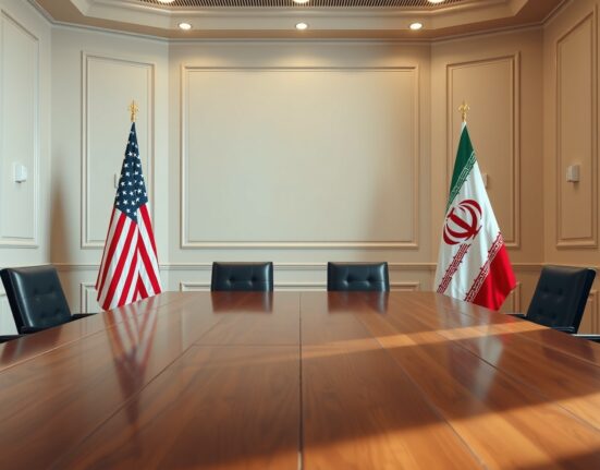 Symbolic representation of stalled US-Iran negotiations with empty chair at diplomatic table