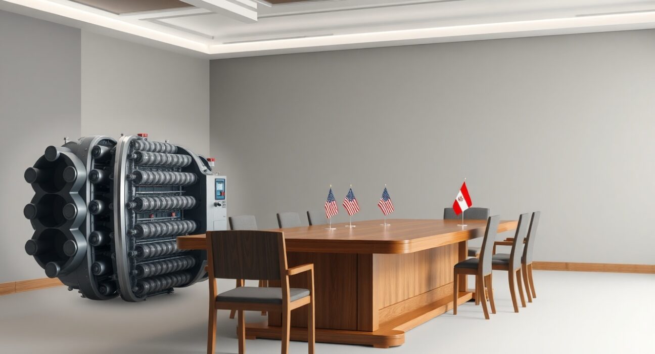 Symbolic representation of Iran nuclear negotiations and uranium enrichment technology.