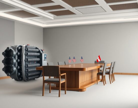 Symbolic representation of Iran nuclear negotiations and uranium enrichment technology.