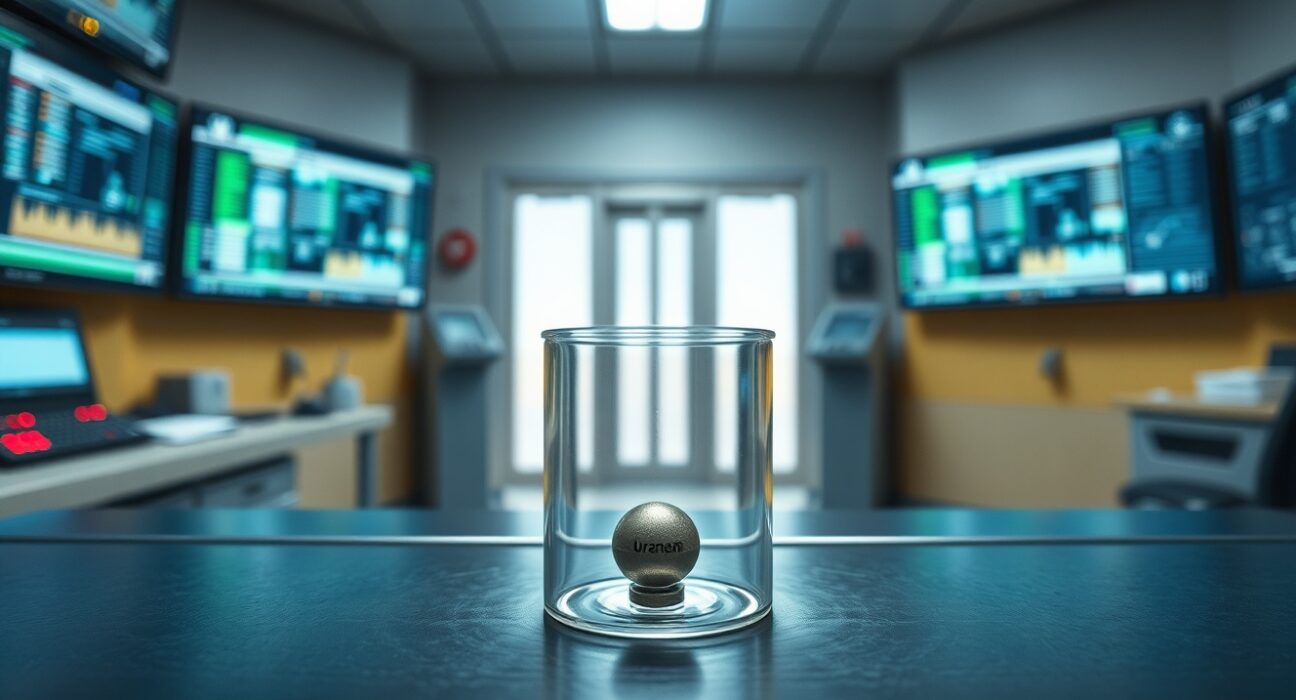 A uranium fuel pellet in a secure glass container inside a nuclear facility control room.