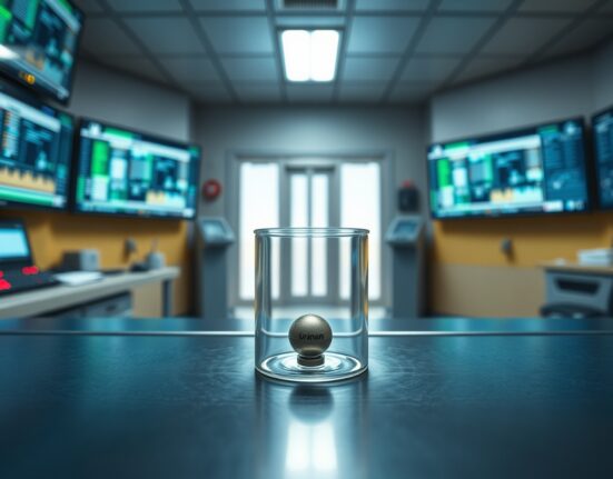 A uranium fuel pellet in a secure glass container inside a nuclear facility control room.