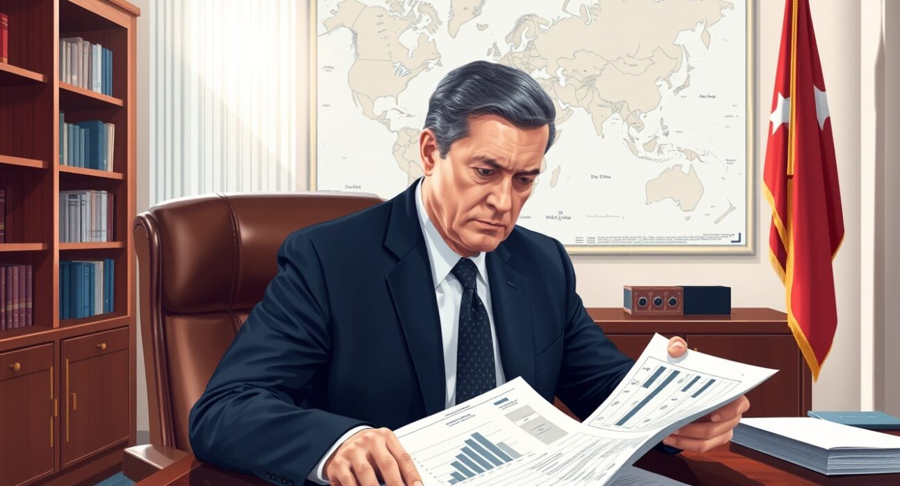 Government official reviewing Trump administration's Iran war budget documents showing significant cuts