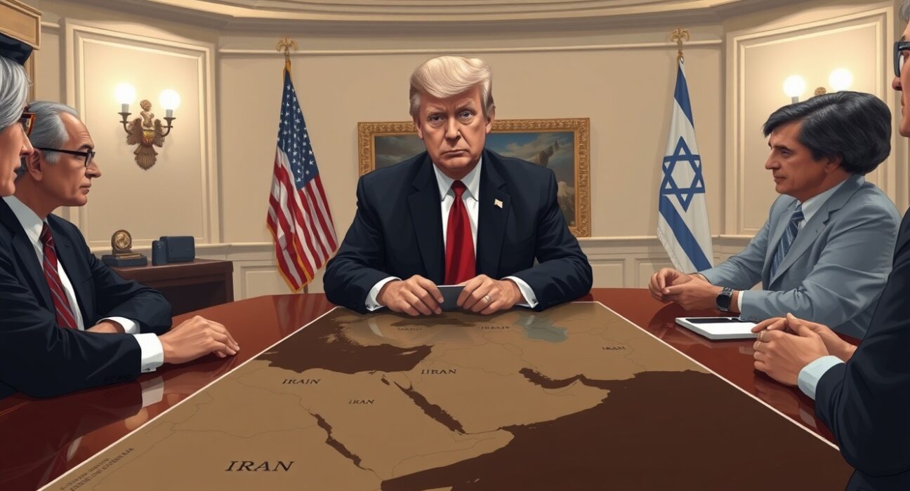 President Trump in White House discussing Iran war strategy with advisors over Middle East map.