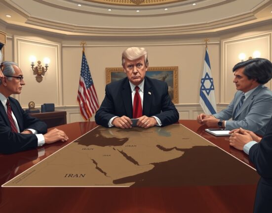 President Trump in White House discussing Iran war strategy with advisors over Middle East map.