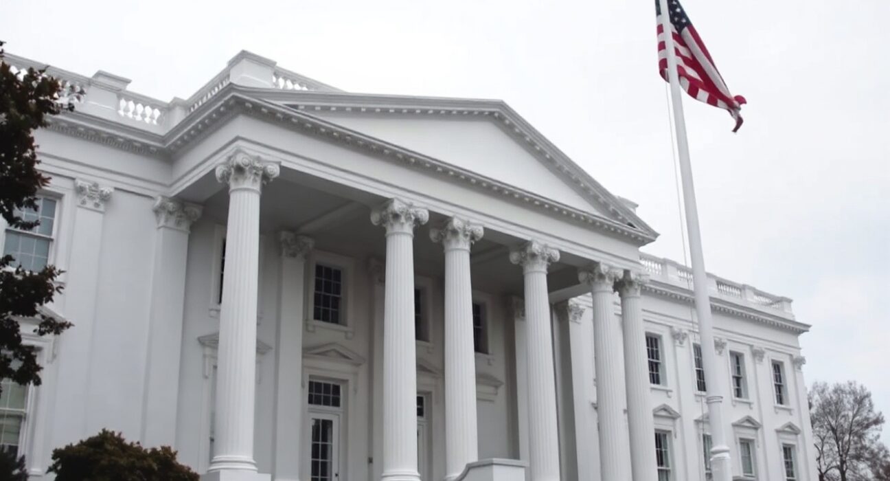 White House exterior on a cloudy day, representing US presidential authority and foreign policy.