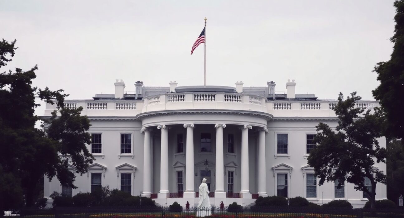 The White House in Washington D.C. on an overcast afternoon, representing the seat of US foreign policy decision-making.