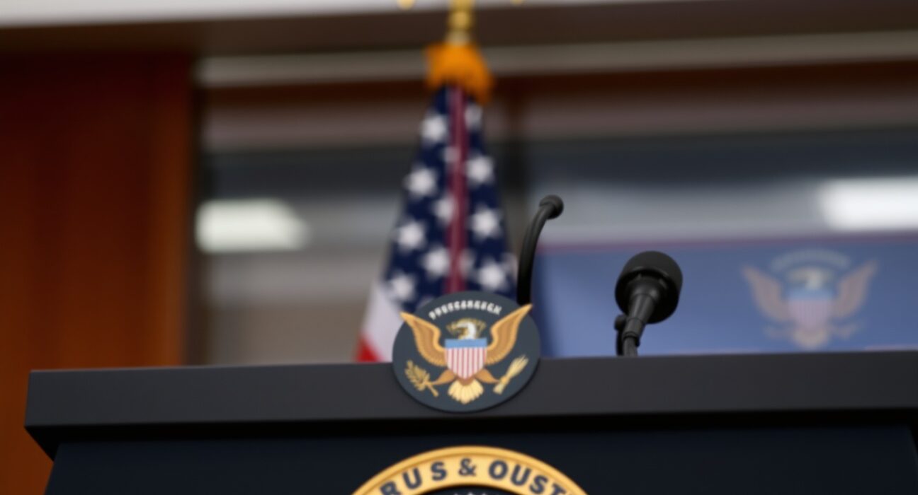 Presidential podium with US flag in background, representing a White House press briefing on foreign policy.