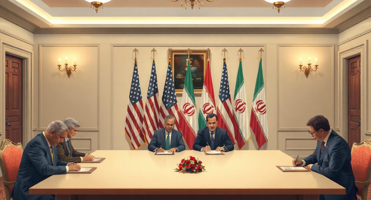 Diplomatic signing ceremony between US and Iranian officials at a formal meeting table