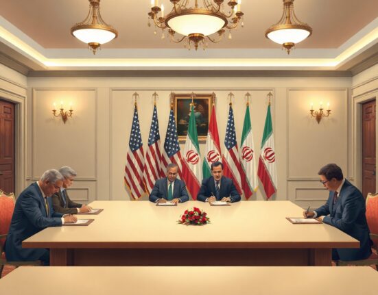Diplomatic signing ceremony between US and Iranian officials at a formal meeting table