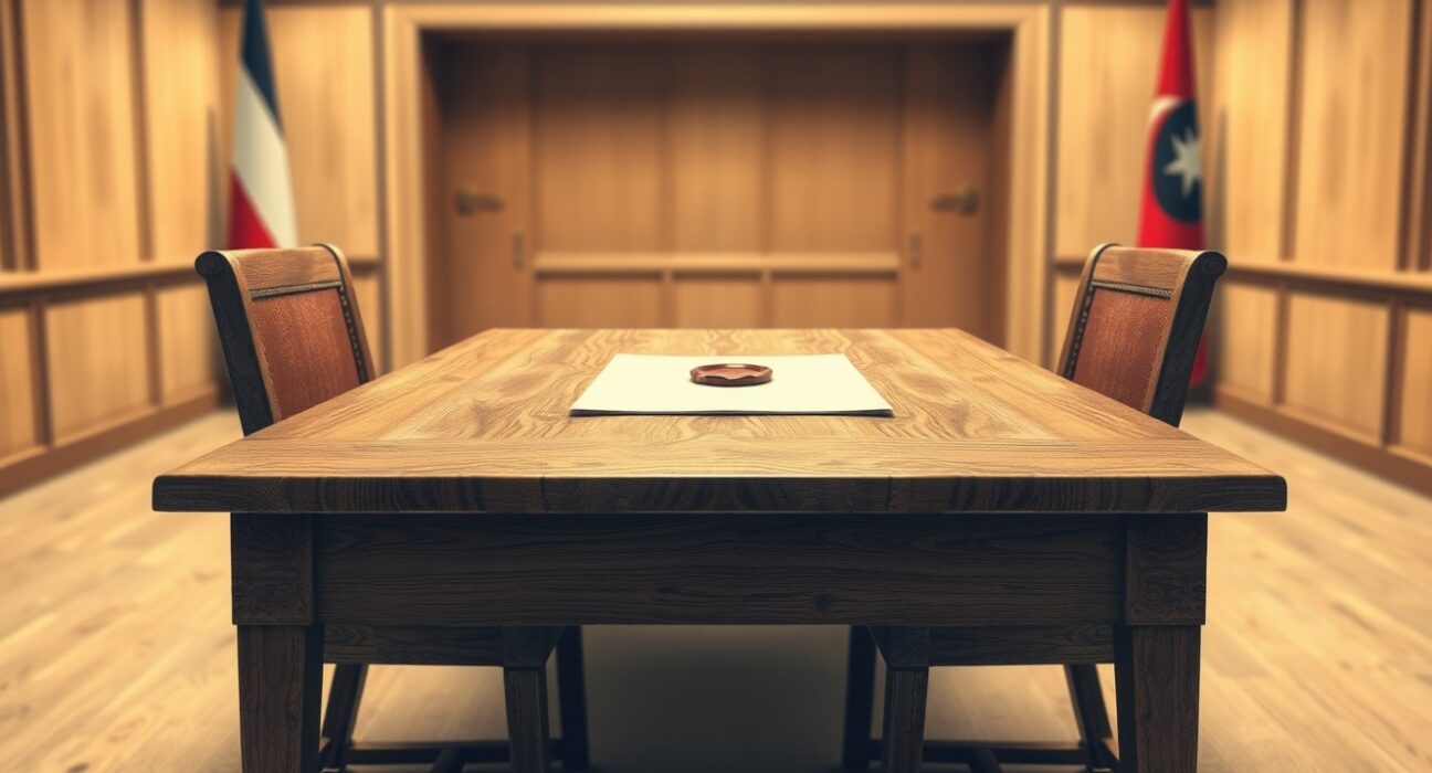 Symbolic representation of diplomatic talks for Trump Iran war resolution on a table in a meeting room.