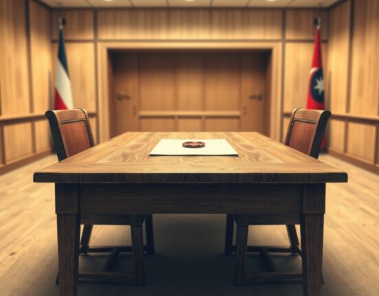 Symbolic representation of diplomatic talks for Trump Iran war resolution on a table in a meeting room.