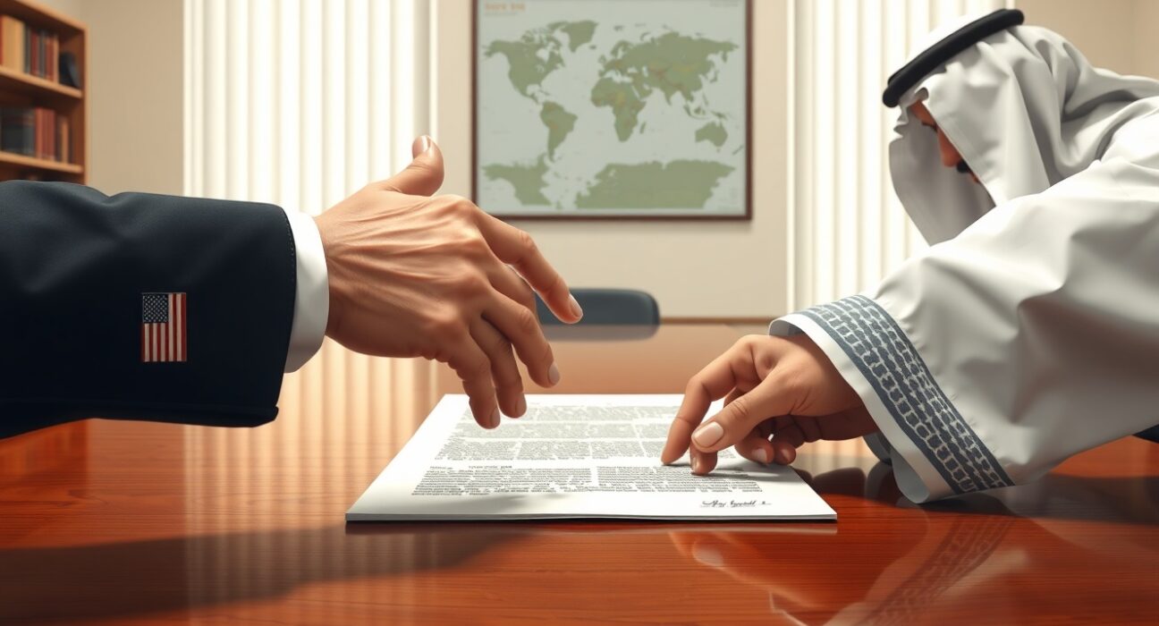 Symbolic representation of US-Iran diplomatic negotiations toward conflict resolution