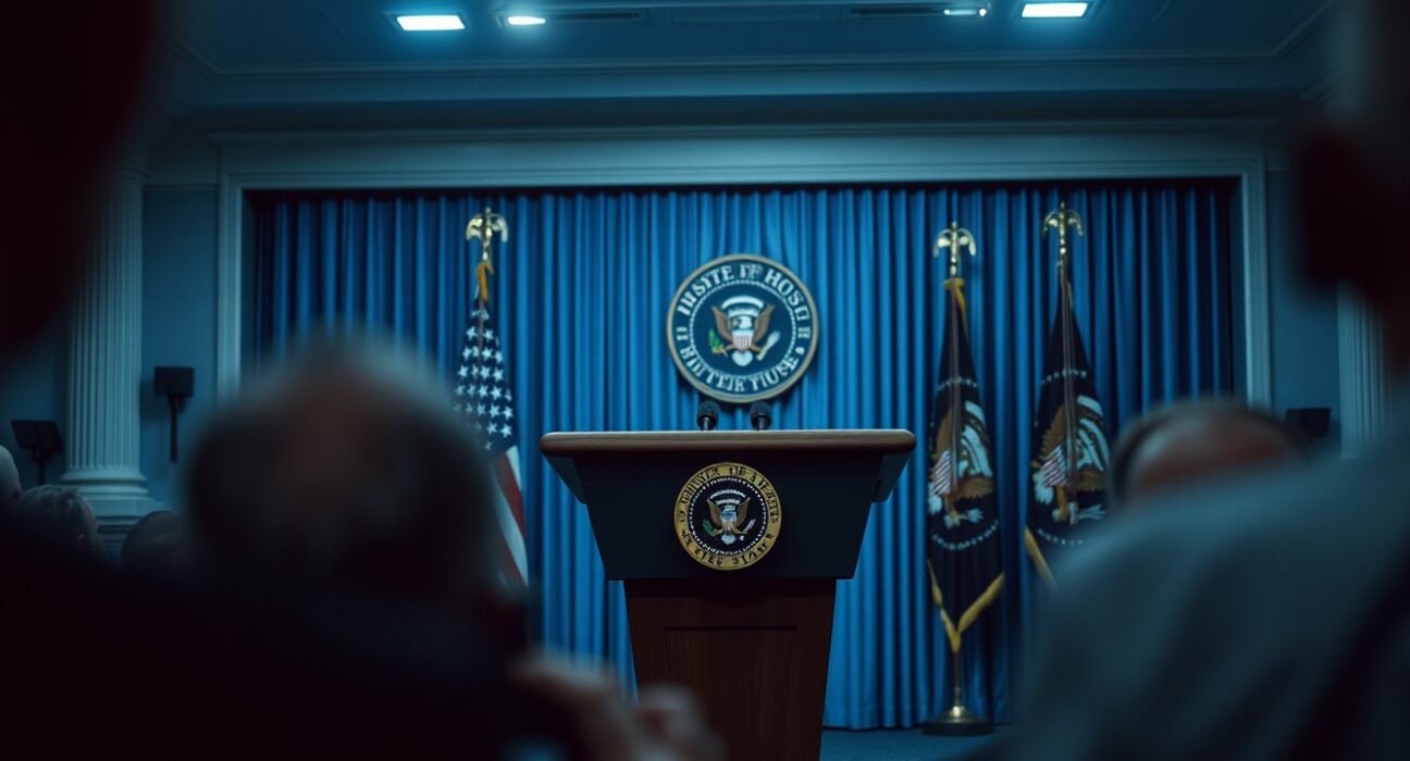 President Trump speaking at a podium in the White House press briefing room.