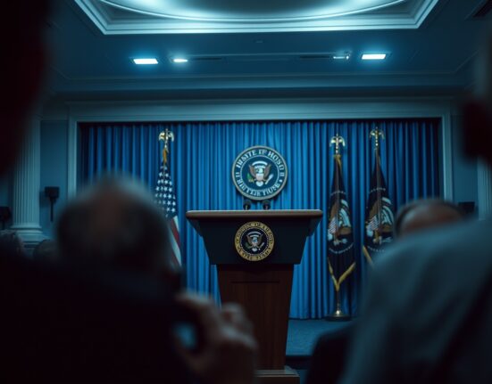President Trump speaking at a podium in the White House press briefing room.