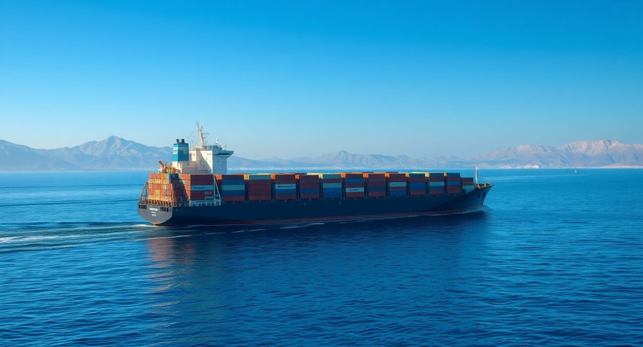 Container ship navigating the strategic Strait of Hormuz waterway during peaceful conditions
